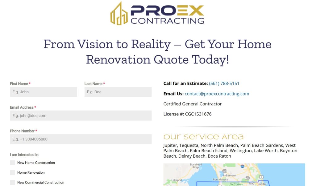 PROEX Contracting Landing Page